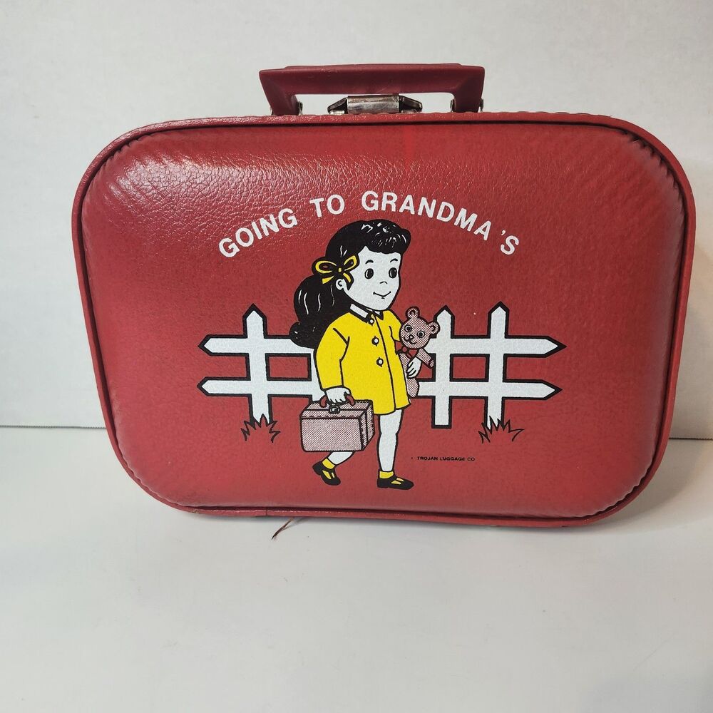 VTG 60s 70s Going To Grandma's Red Vinyl Kid's Hard Case Trojan Luggage Travel